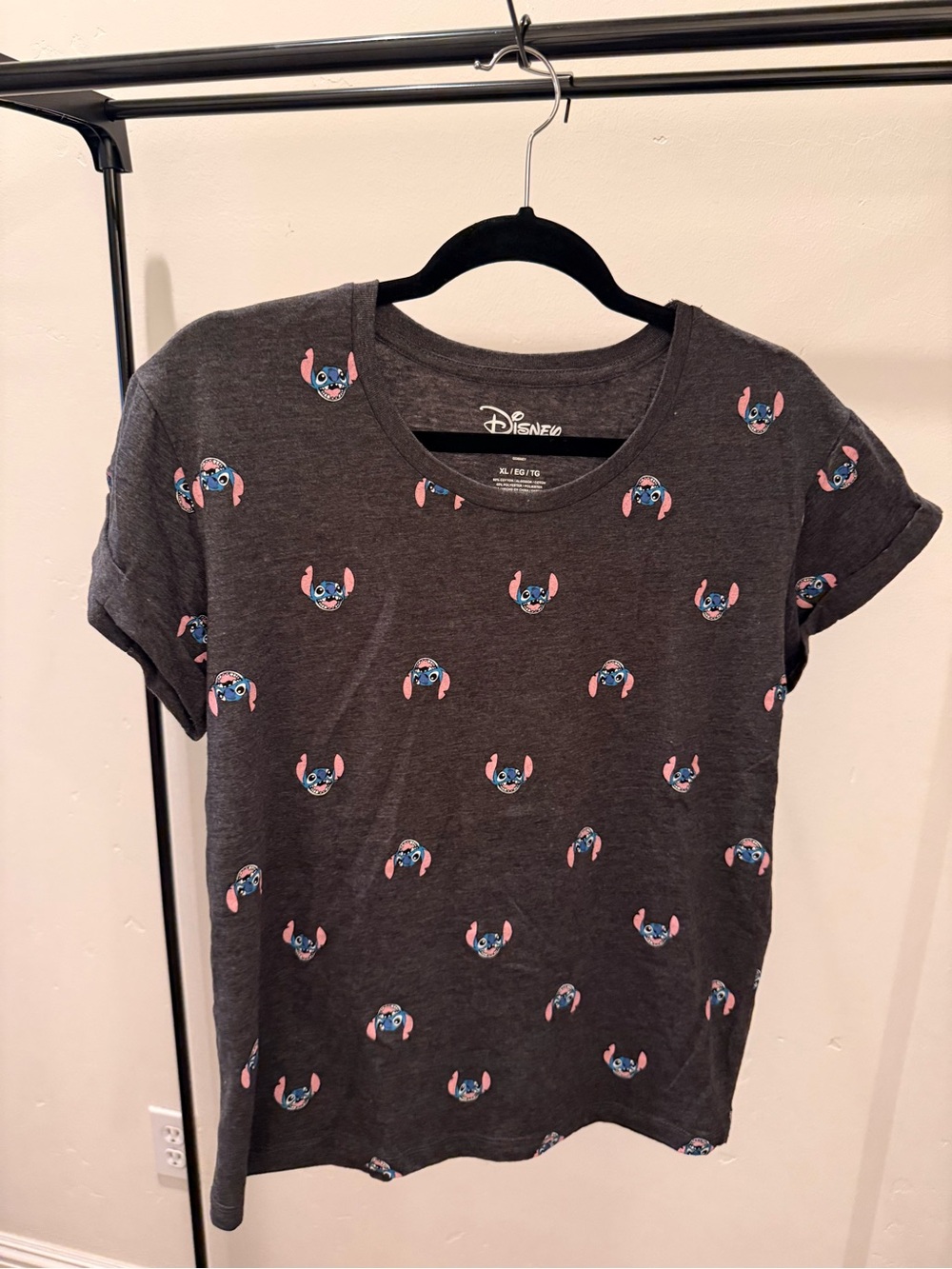 Disney Heather Charcoal Stitch Tee with Blue & Pink Accents